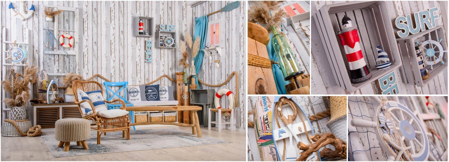 Fotostudio für Businessfotos in Berlin - Bildcollage (Interieur- und Imagefotos) der maritimen Fotokulisse von einem Fotostudio im Strandhaus Stil