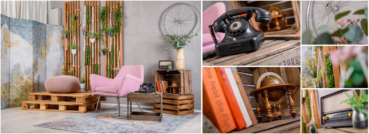 Fotostudio für Businessfotos in Berlin - Bildcollage (Interieur- und Imagefotos) der Retro Fotokulisse von einem Fotostudio im 60s, Lounge Stil