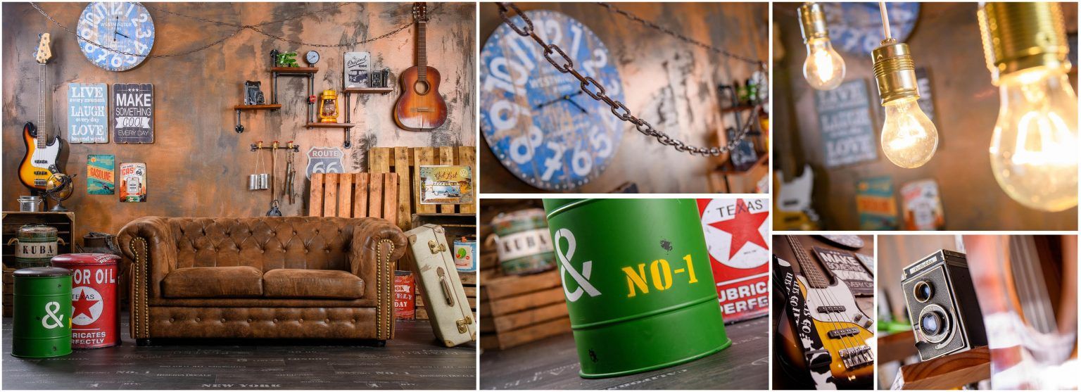 Fotostudio für Businessfotos in Berlin - Bildcollage (Interieur- und Imagefotos) der Vintage Fotokulisse von einem Fotostudio im rustikalen, industrial Stil